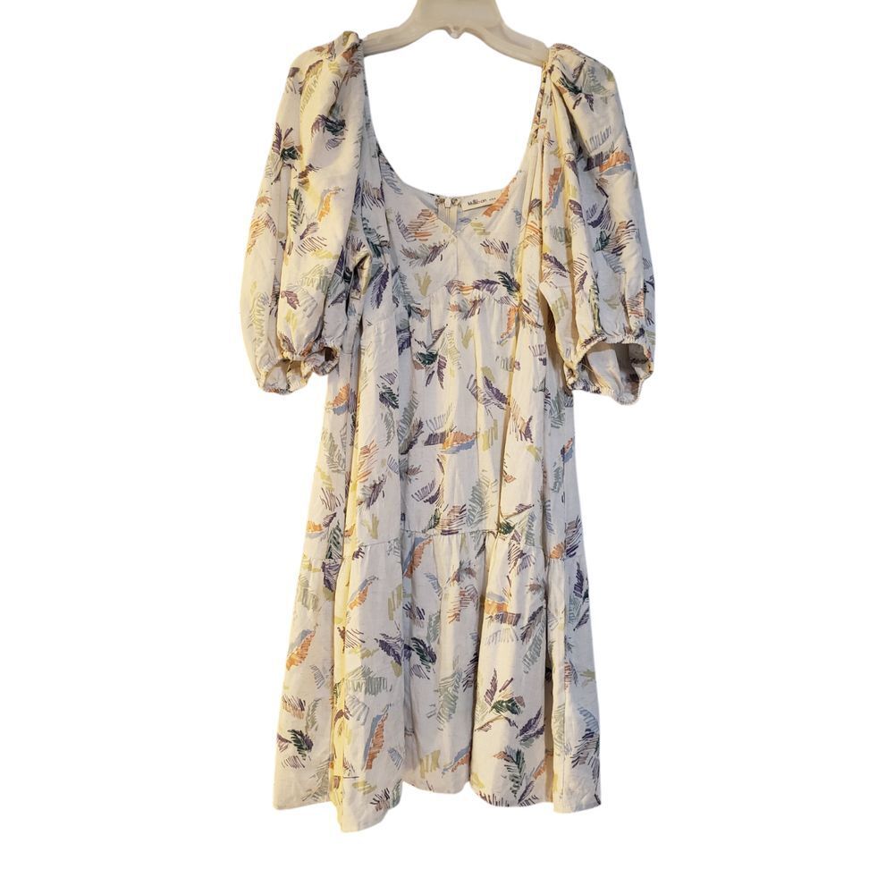Millibon Womens Mini Floral Pleated Dress M Puff‎ Sleeve VNeck Pullover
